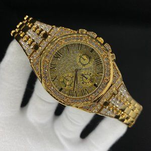 Men's Luxury Brand  Gold Color Iced Out Watch
